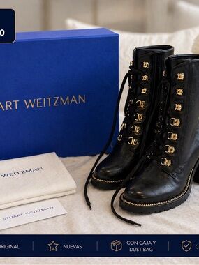 Stuart Weitzman Black Leather Lace-Up Booties with Gold Hardware